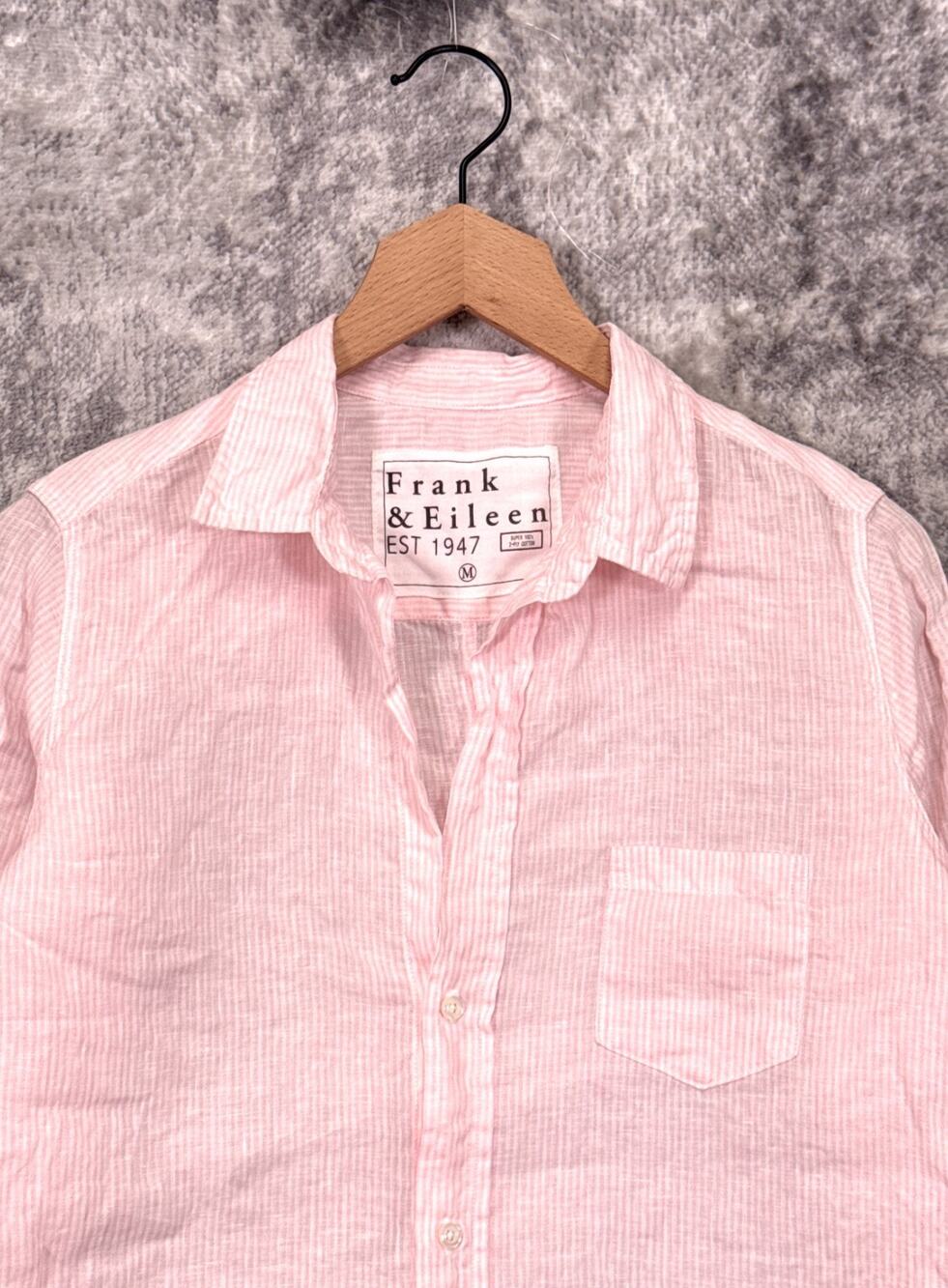 Frank & Eileen Barry Shirt Medium Womens 100% Linen Pink Striped Long Sleeve